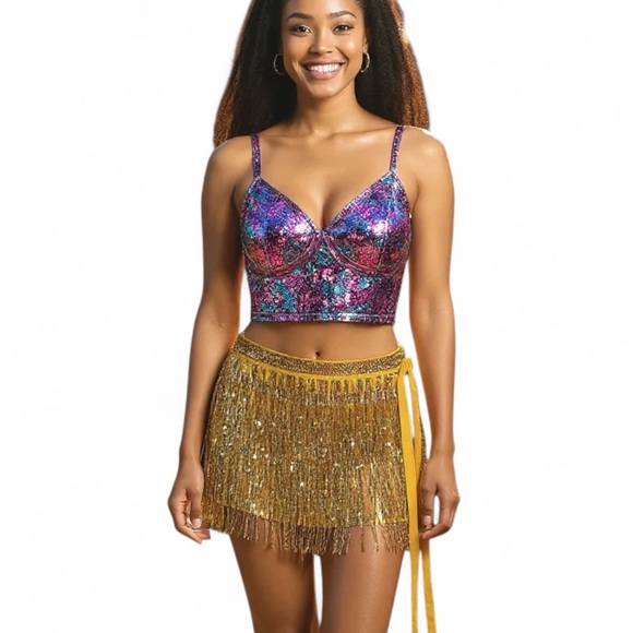 Gold Sequin Wrap Skirt Rave Swimsuit Cover Sarang - Picture 1 of 5